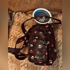 Lug Black Crossbody Water Hydration Bottle Bag with Pockets & Paw Print Design